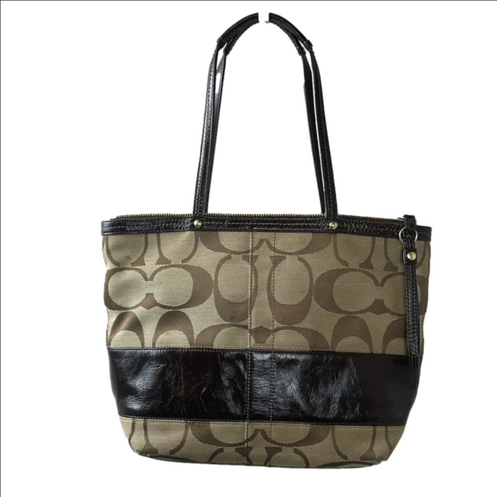 VINTAGE COACH STRIPE ZIP TOP TOTE IN SIGNATURE CANVAS KHAKI/BROWN
